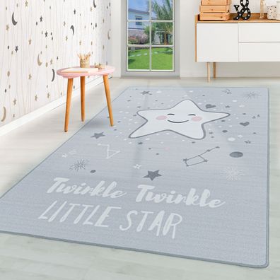 Kurzflor Kinderteppich Kinderzimmer Teppich Spielteppich Motiv Baby Stern Grau