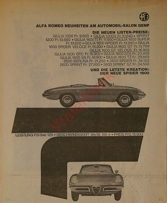 Originale alte Reklame Werbung Alfa Romeo Spider 1600 v. 1966