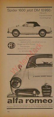 Originale alte Reklame Werbung Alfa Romeo Spider 1600 v. 1964