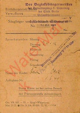 Dokument Urkunde Säuglingspass Fürsorgestelle Berlin Lichtenberg v. 1.6.1944