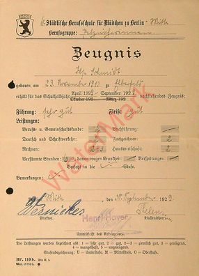 Dokument Urkunde Schulzeugnis Berlin Mitte v. 30.9.1929