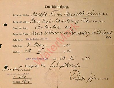 Dokument Urkunde Taufbescheinigung Berlin Reinickendorf v. 28.3.1926