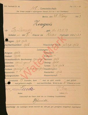 Dokument Urkunde Schulzeugnis Berlin v. 29.3.1923