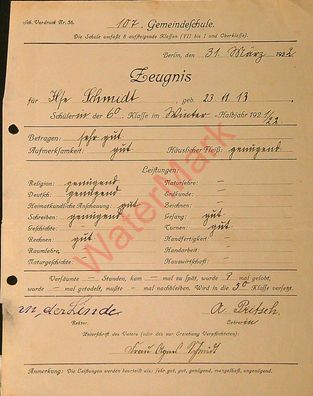 Dokument Urkunde Schulzeugnis Berlin v. 31.3.1922