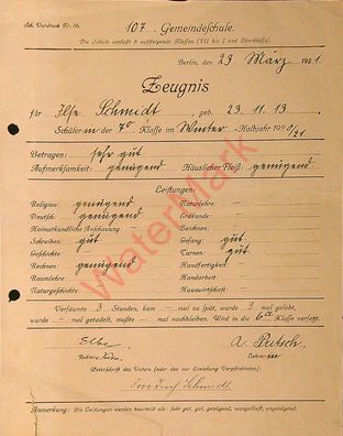 Dokument Urkunde Schulzeugnis Berlin v. 23.3.1921