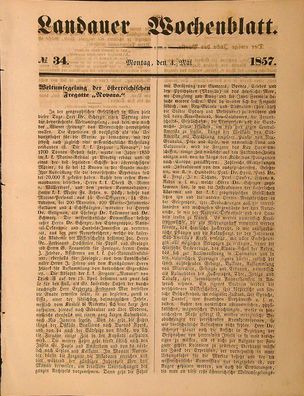 Zeitung Tageszeitung Landauer Wochenblatt Landau v. 4.5.1857