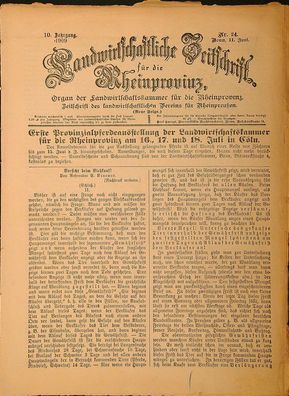 Zeitung Landwirtschaftliche Zeitschrift f. Rheinprovinz Bonn v. 11.6.1909