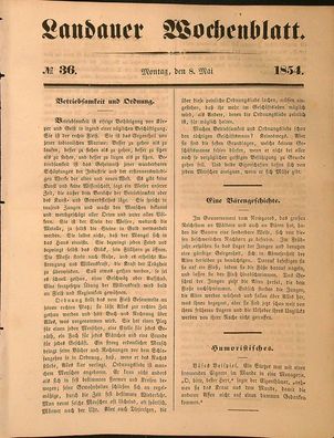 Zeitung Landauer Wochenblatt v. 8.5.1854 Landau