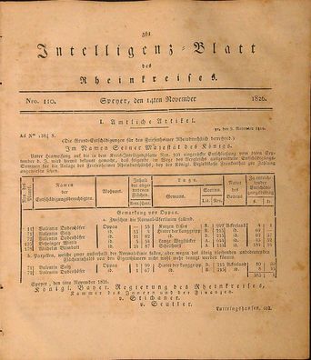 Zeitung Intelligenzblatt des Rheinkreises 14.11.1826 Speyer