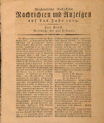 Zeitung Wöchentliche Rostocksche Nachrichten und Anzeigen v. 3.2.1819 Rostock