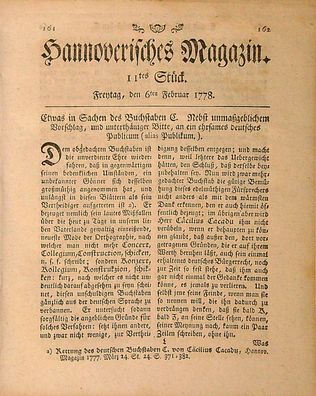 Zeitung Hannoverisches Magazin v. 6.2.1778 Hannover