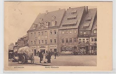 65292 Ak Mittweida Markt Westseite mit Apotheke, Mineralwasser-Fabrik u.a. 1916