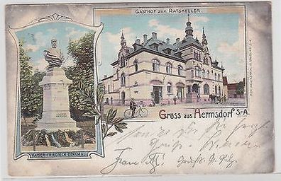 65381 Ak Gruss aus Hermsdorf S.-A. Gasthof zum Ratskeller und Denkmal 1902