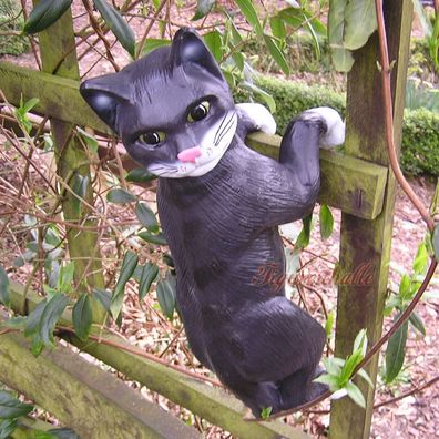 Schwarze Katze hängen kleternd Figur Statue Skulptur Gartenfigur aufhängen Deko