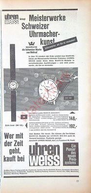 Originale alte Reklame Werbung Uhr Armbanduhr Weiss Herrenuhr Marvin v. 1962