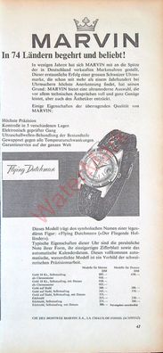 Originale alte Reklame Werbung Uhr Armbanduhr Marvin Flying Dutchman v. 1962