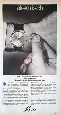 Originale alte Reklame Werbung Uhr Armbanduhr Laco electric v. 1963