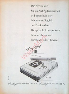 Originale alte Reklame Werbung Zigaretten Simon Arzt No. 15 v. 1962