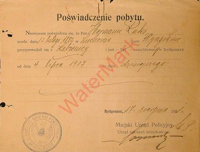Dokument Urkunde Meldebescheinigung Bydgoszcz ehemals Bromberg v. 4.7.1907