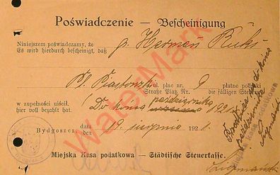 Dokument Urkunde Meldebescheinigung Bydgoszcz ehemals Bromberg v. 1921