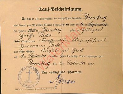 Dokument Urkunde Taufbescheinigung Bromberg v. 1.9.1921