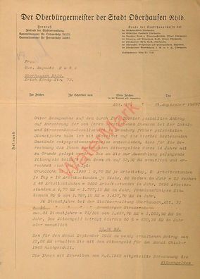 Dokument Urkunde Schreiben Stadt Oberhausen Rentenangelegenheit v. 1.9.1942