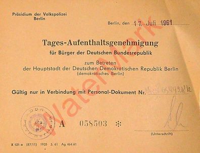 Dokument Urkunde Tages-Aufenthaltsgenehmigung DDR Berlin v. 17.7.1961