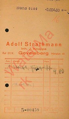 Dokument Urkunde Quittung Gevelsberg Fa. Strathmann v. 29.10.1949