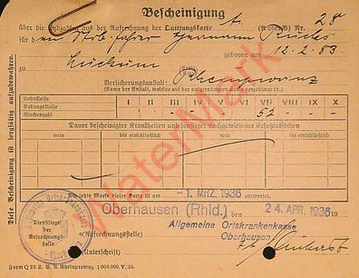 Dokument Urkunde Bescheinigung Ortskrankenkasse Oberhausen v. 24.4.1936