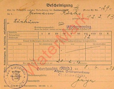 Dokument Urkunde Bescheinigung Ortskrankenkasse Oberhausen v. 24.6.1937