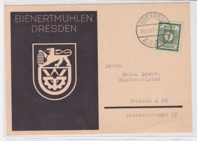 90172 persönliche Bestellkarte bei Bienertmühlen Dresden, Bäckermeister 1945