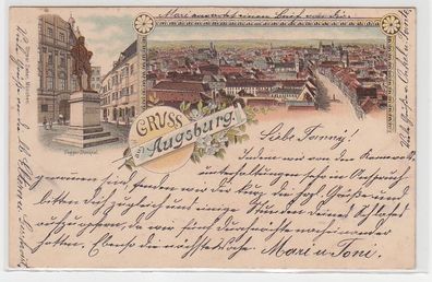 70989 Ak Lithografie Gruss aus Augsburg Fuggerdenkmal und Totalansicht 1897