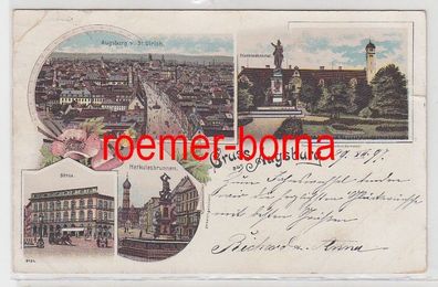 73957 Ak Lithografie Gruss aus Augsburg Börse, Herkulesbrunnen usw. 1897