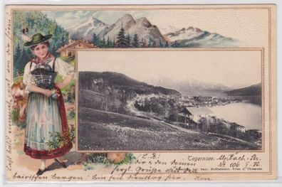 94901 Präge Rahmen Ak Tegernsee Totalansicht, Frau in Tracht, Berge 1902