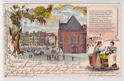 73290 AK Gruss aus Bremen - Marktplatz mit Rathaus & Geschäftstreiben 1903