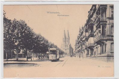 36322 Ak Wiesbaden Rheinstrasse mit Straßenbahn um 1900