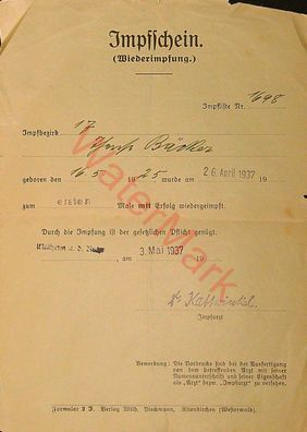 Dokument Urkunde Impfschein Mülheim an der Ruhr v. 3.5.1937