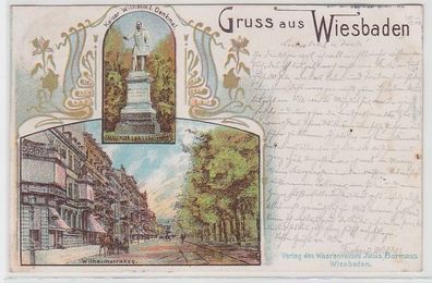 71495 Ak Lithographie Gruß aus Wiesbaden Wilhelmstraße, Kaiser Wilhelm I. Denkmal