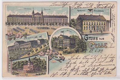 38898 Ak Lithographie Gruß aus Celle Restaurant, Kaserne usw. 1899