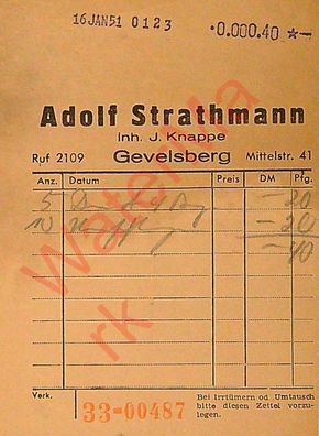 Dokument Urkunde Quittung Gevelsberg Buchhandlung Adolf Strathmann v. 16.1.1951