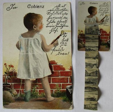 84707 Leporello Ak Gruss aus Koblenz, Kind malt an Wand 1921