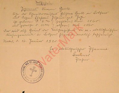 Dokument Urkunde Taufschein Nakel Oberschlesien v. 16.1.1920