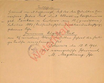 Dokument Urkunde Taufschein Lobsens Regierungsbezirk Bromberg v. 12.8.1921
