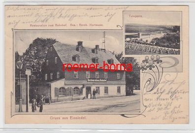 72460 Jugendstil Ak Gruss aus Einsiedel Restauration zum Bahnhof 1908