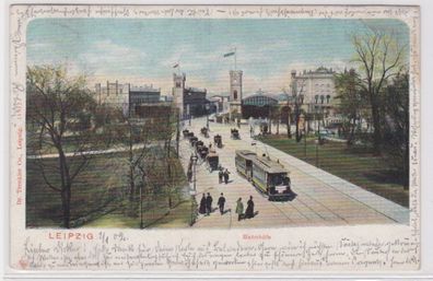 79898 Ak Leipzig - Straße mit Bahnhöfe, Straßenbahn und Kutschen 1902