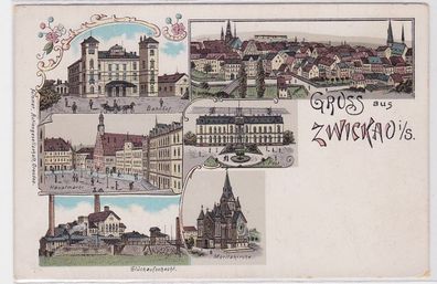 81332 Ak Lithographie Gruß aus Zwickau in Sachsen Glückaufschacht usw. um 1900