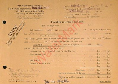 Dokument Urkunde Familienunterhaltsbescheid Berlin Reinickendorf v. 15.4.1945