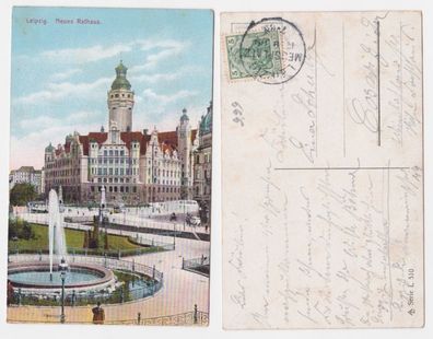 95783 AK Leipzig - Platz vorm neuen Rathaus mit Brunnen 1909