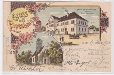 95844 Ak Lithographie Gruß aus Espenhain Gasthof zur goldenen Aspe, Kirche 1903