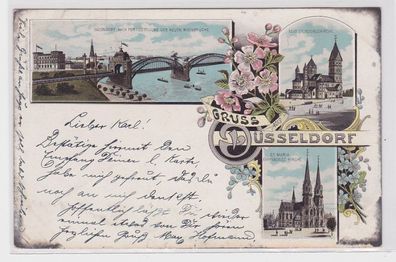 18960 AK Gruss aus Düsseldorf - Neue Rheinbrücke, St. Rochuskirche Bahnpost 1899